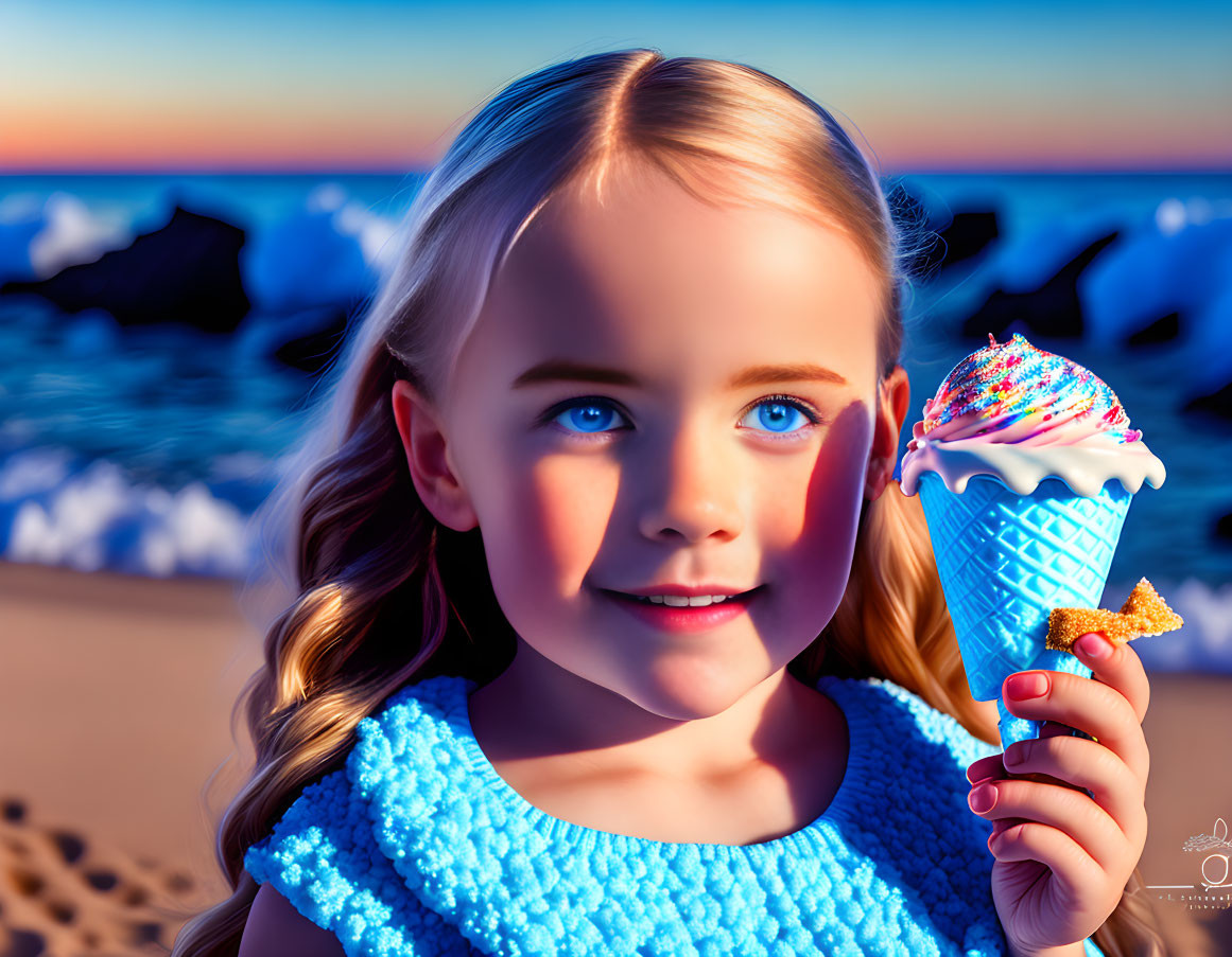 Blonde girl with ice cream on beach at sunset