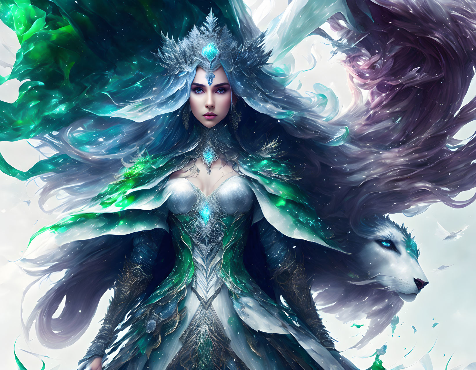 Mystical female figure in green hair with icy nature armor and wolf spirit