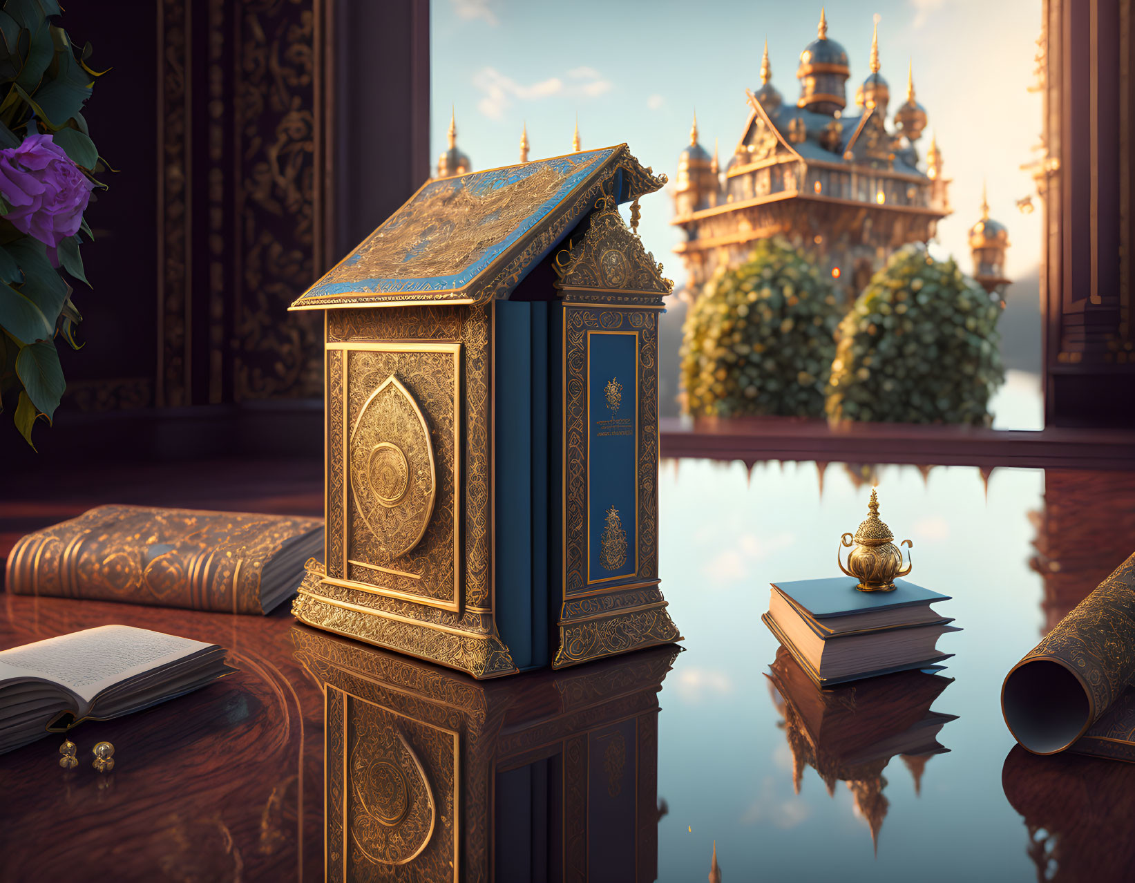 Temple-shaped gold-detailed bookend on wooden table with fantastical castle backdrop