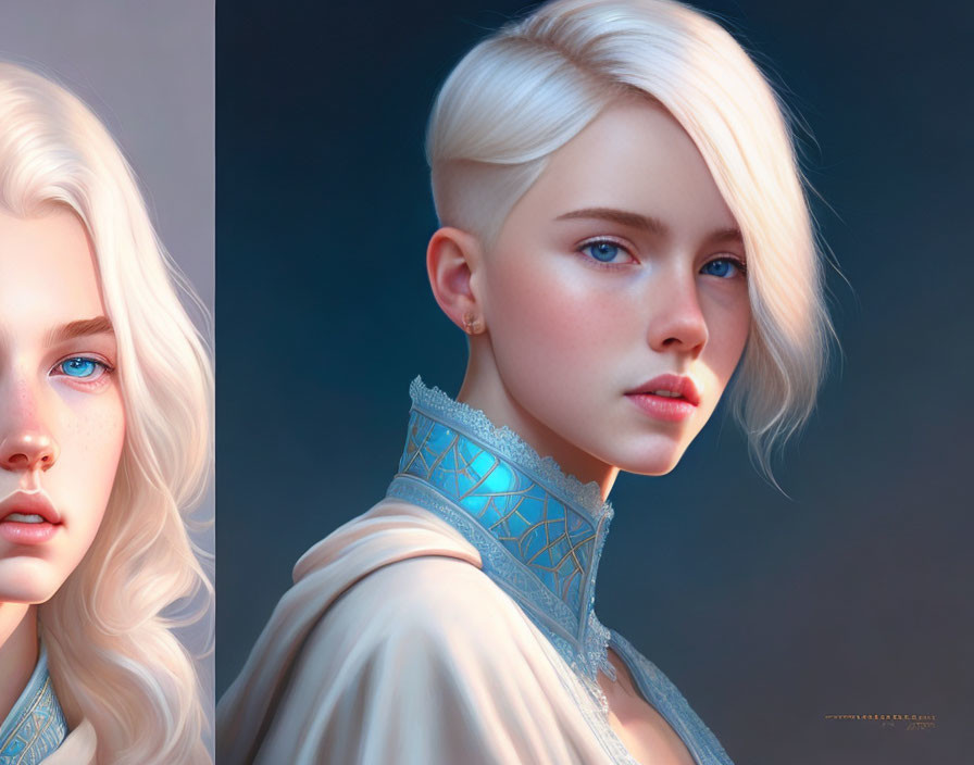 Platinum Blonde Woman with Blue Eyes Side Portrait in Digital Art