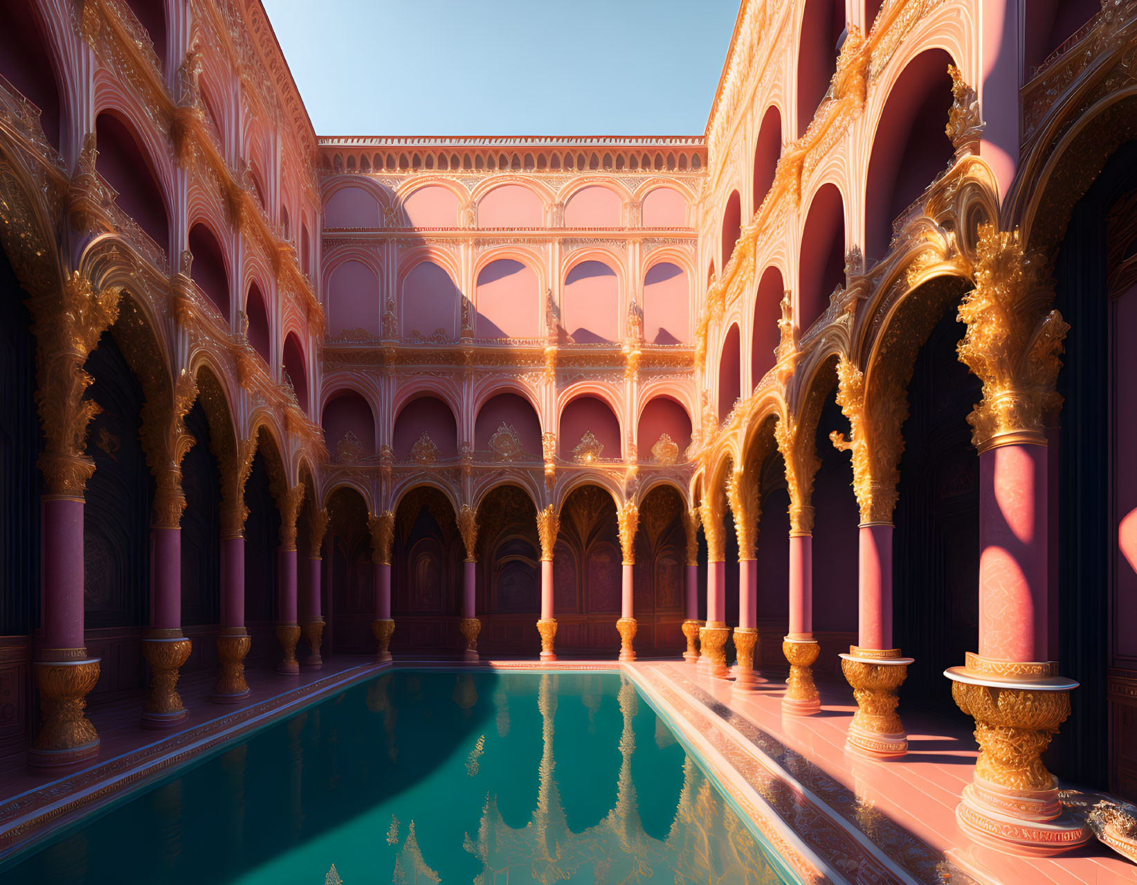 Symmetrical courtyard with arches, columns, reflective pool, clear sky