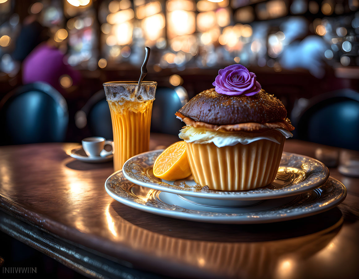 Delicious cupcake with cream swirl, purple flower, and oranges on ornate plate