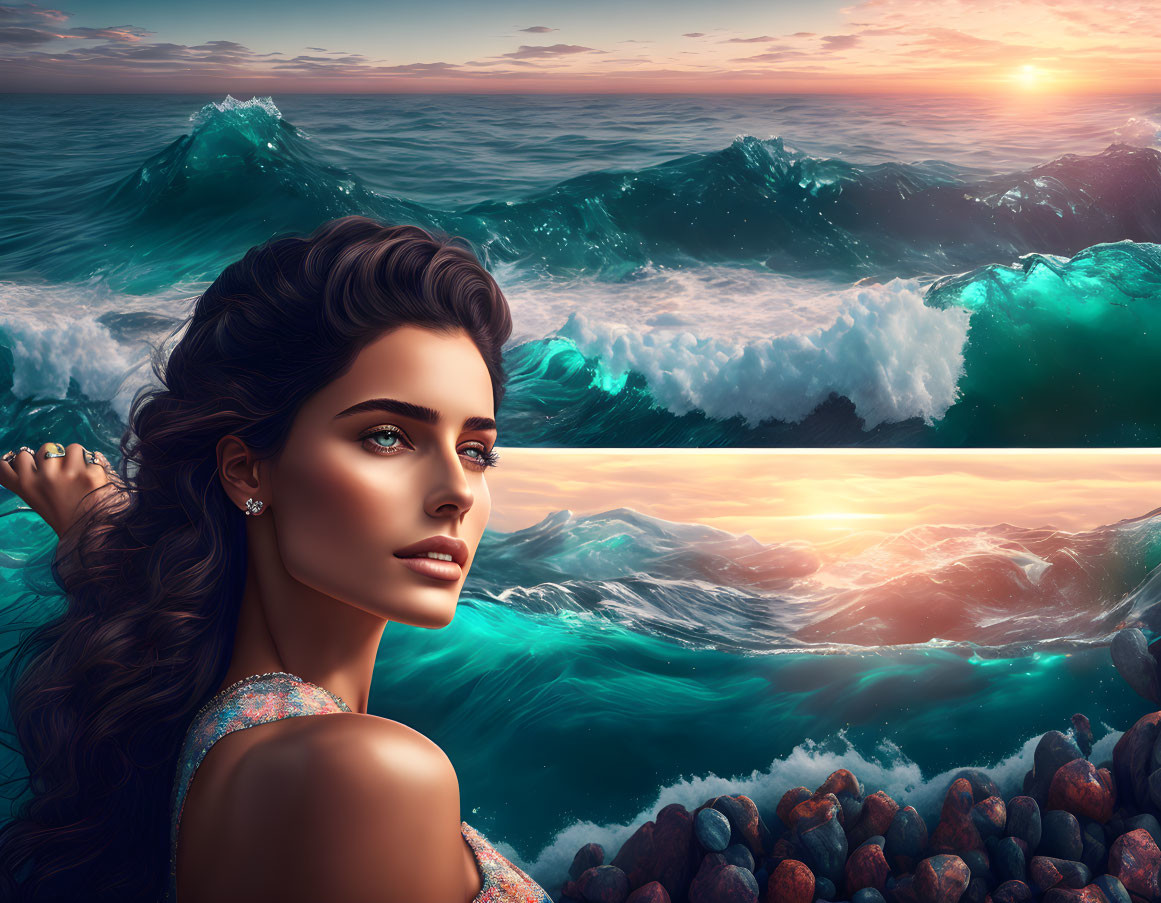 Woman with Wavy Hair Gazing at Ocean Sunset