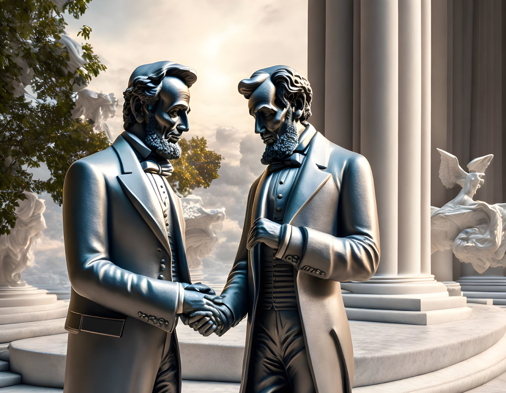 Historical statues shaking hands in classical setting