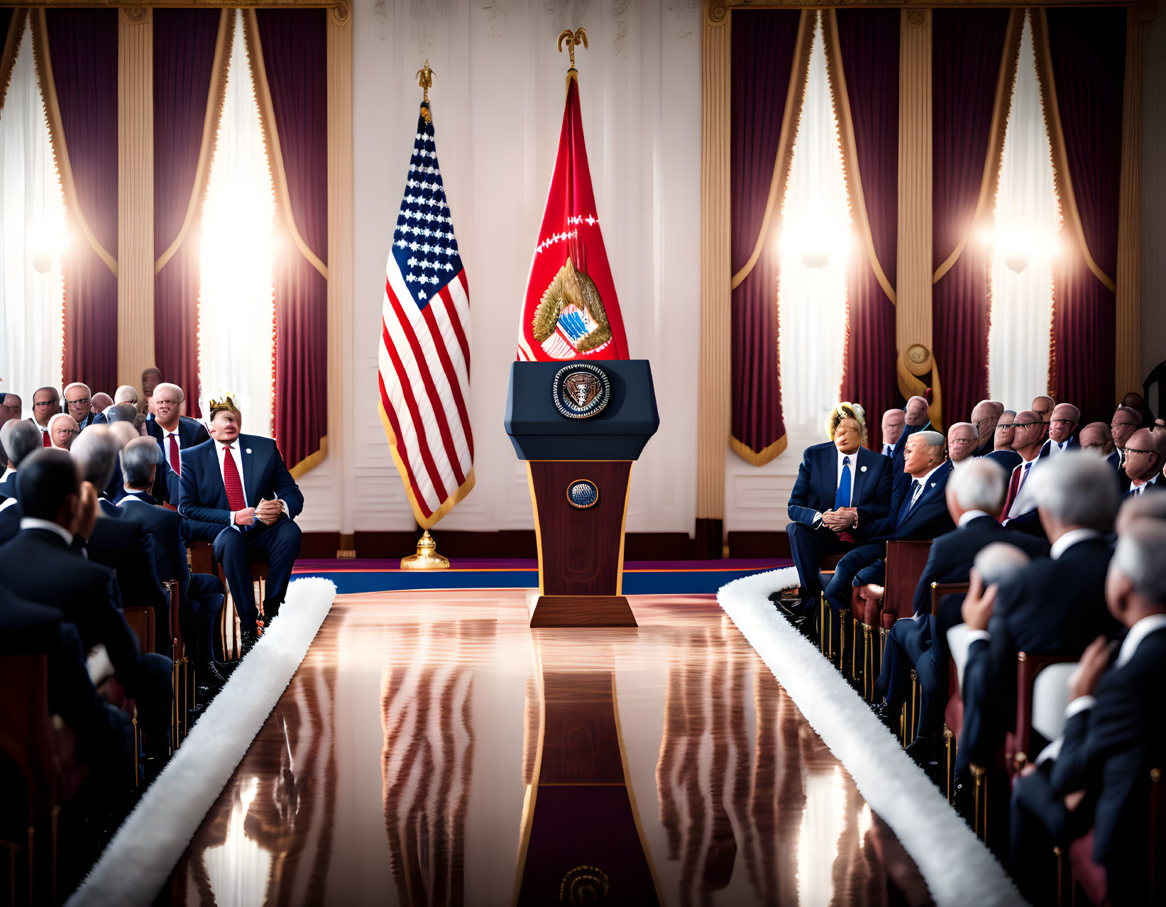 Room with U.S. flags, red drapes, and seated individuals at a formal gathering