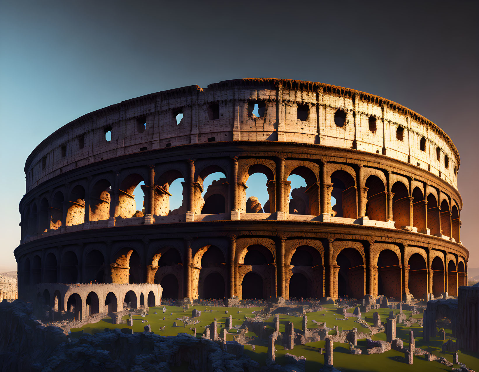 Sunset illuminates Colosseum's arched exterior and interior remnants