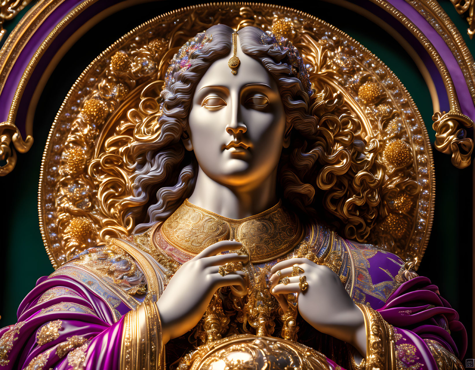 Golden statue of regal figure with jewelry and crown on dark background