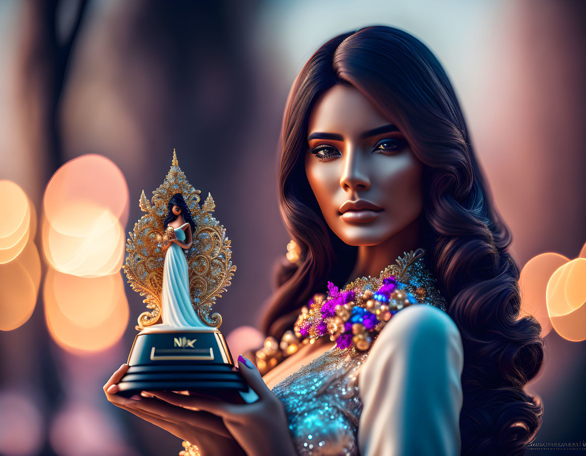 Digital artwork: Woman with striking makeup holding miniature figurine