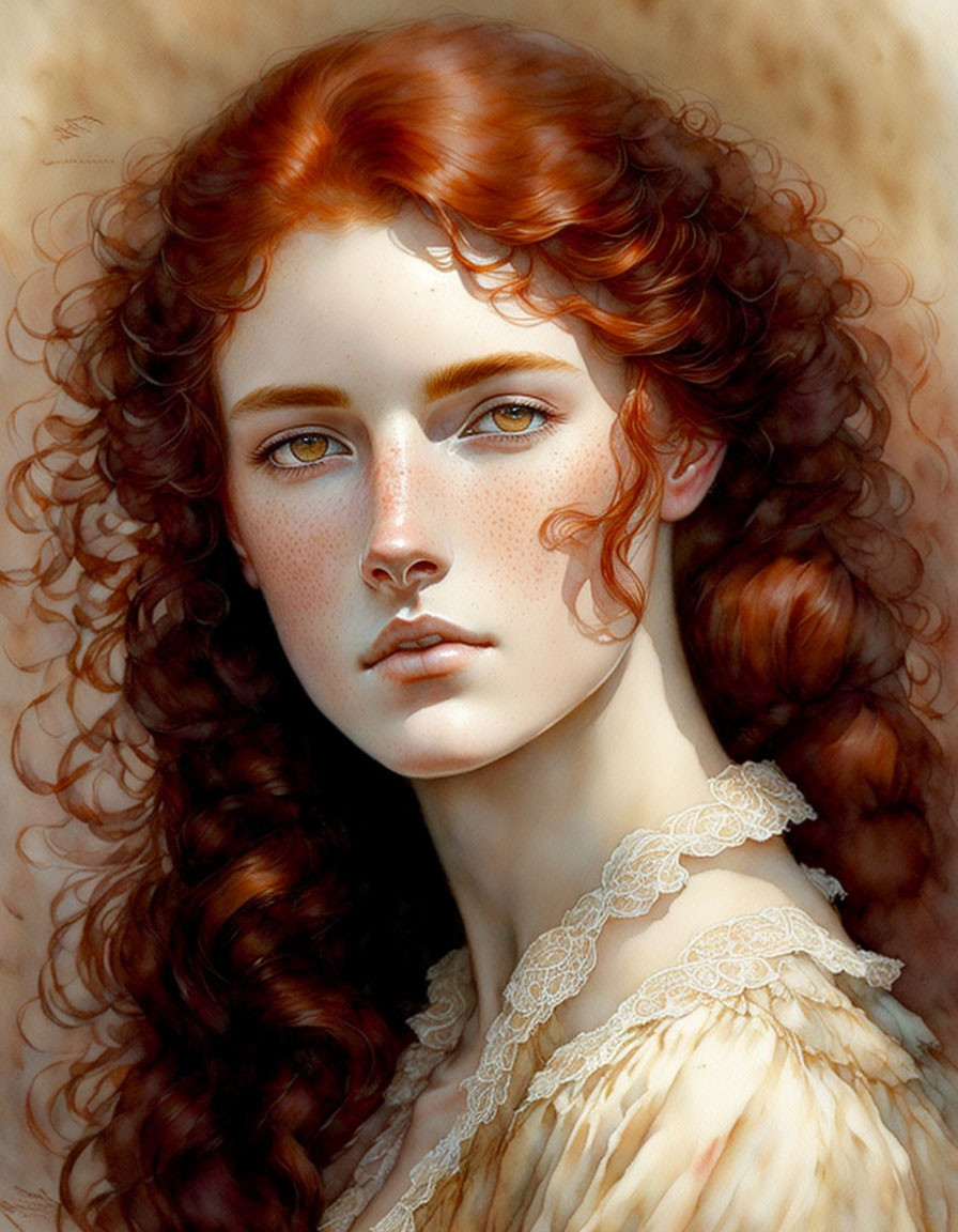 Digital painting: Woman with red curly hair, freckles, blue eyes, vintage blouse.