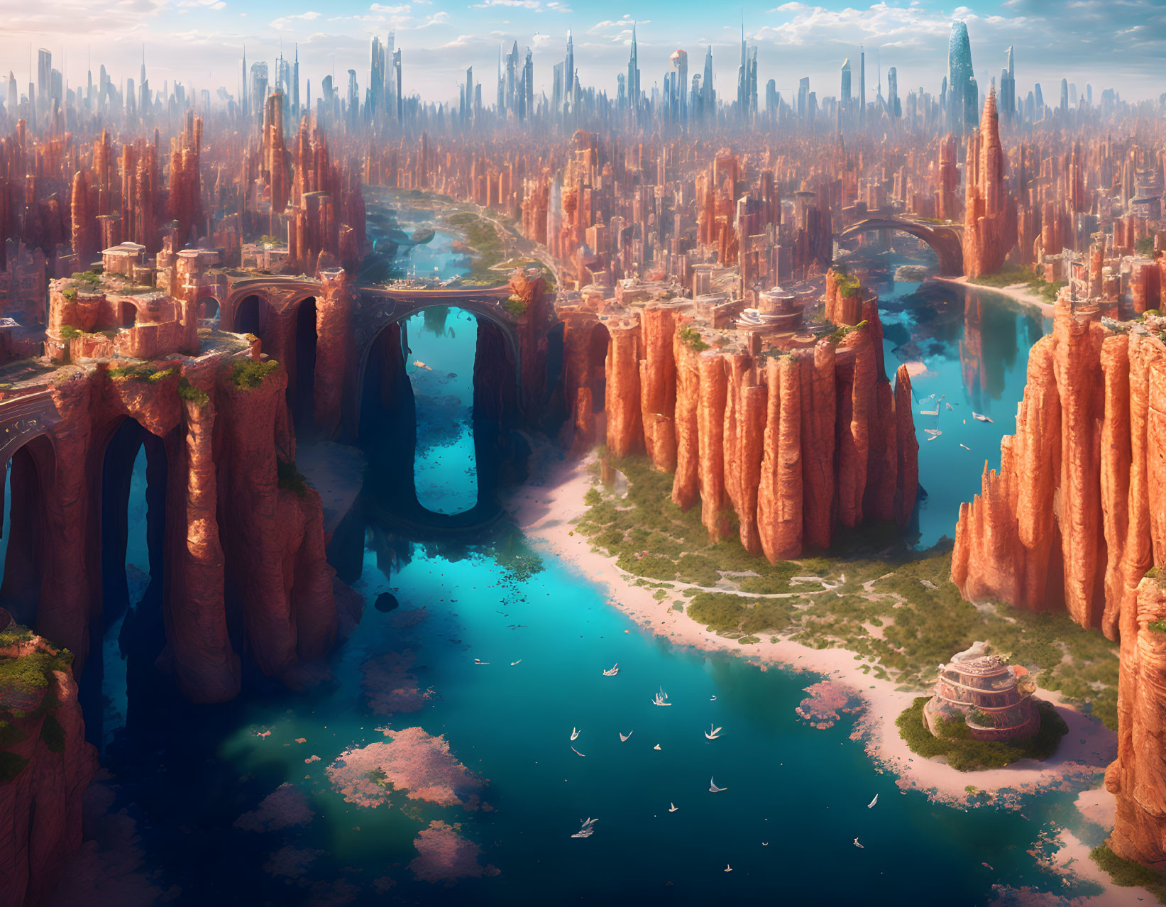 Fantastical cityscape with towering spires and arching bridges surrounded by rocky cliffs and rivers under