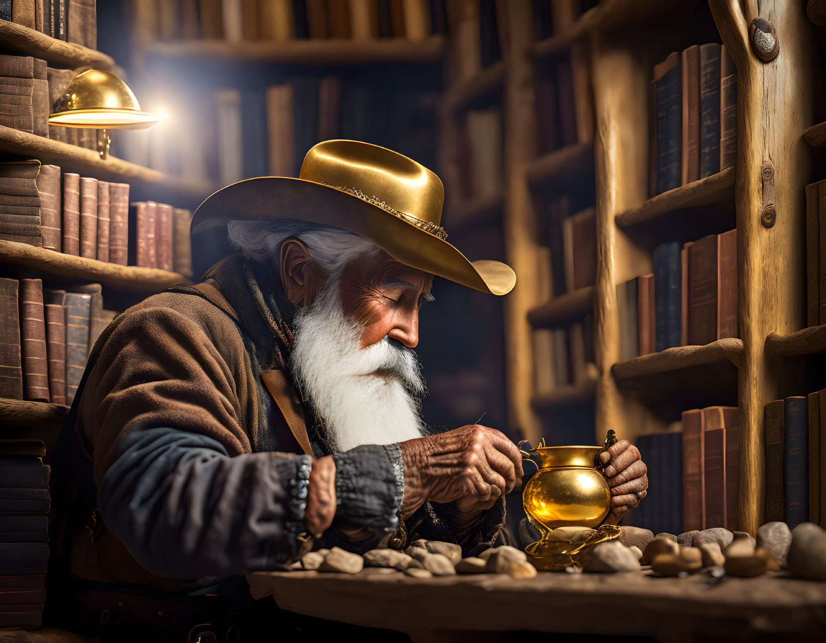 Elderly man in cowboy hat polishing golden teapot in library