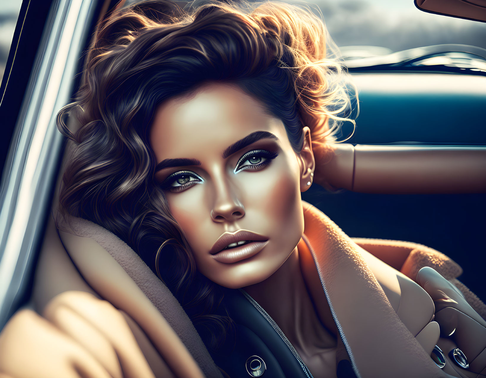 Dramatic makeup and flowing hair portrait in car with cinematic lighting