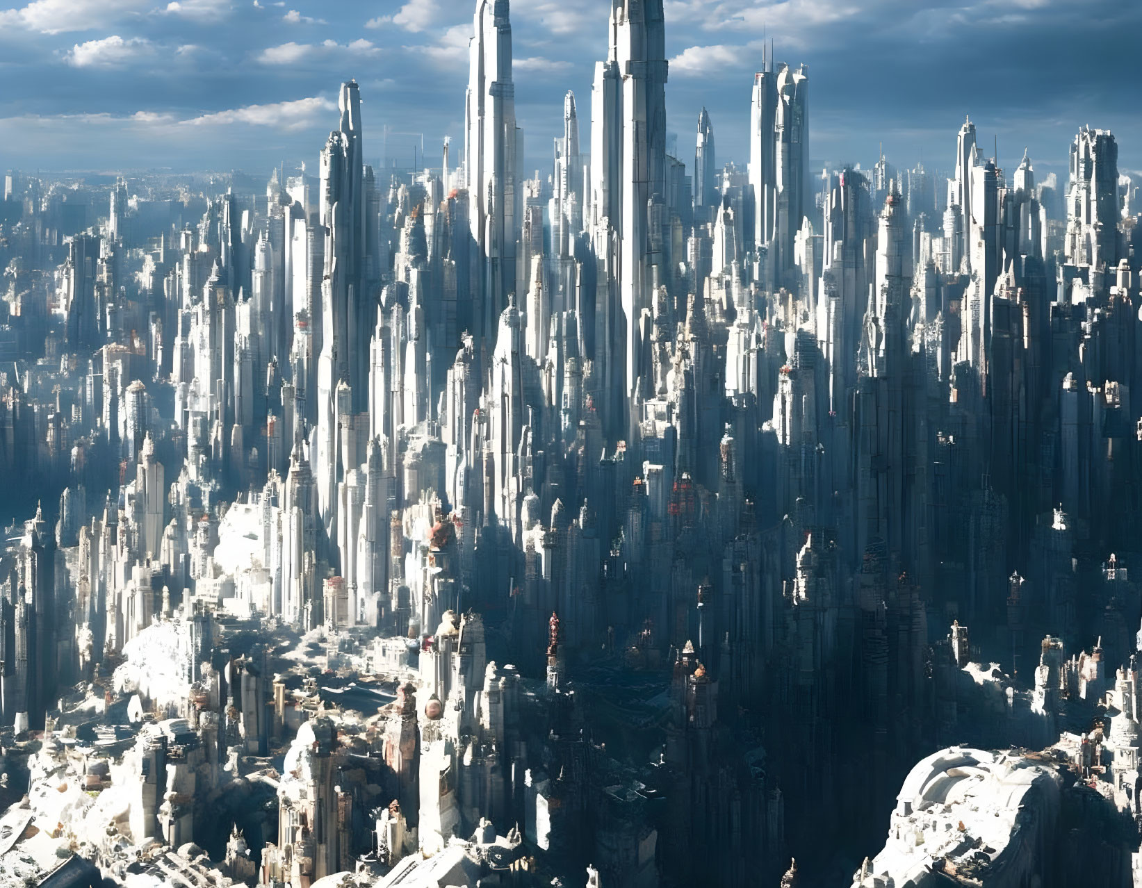 Futuristic cityscape with towering skyscrapers under dramatic sky