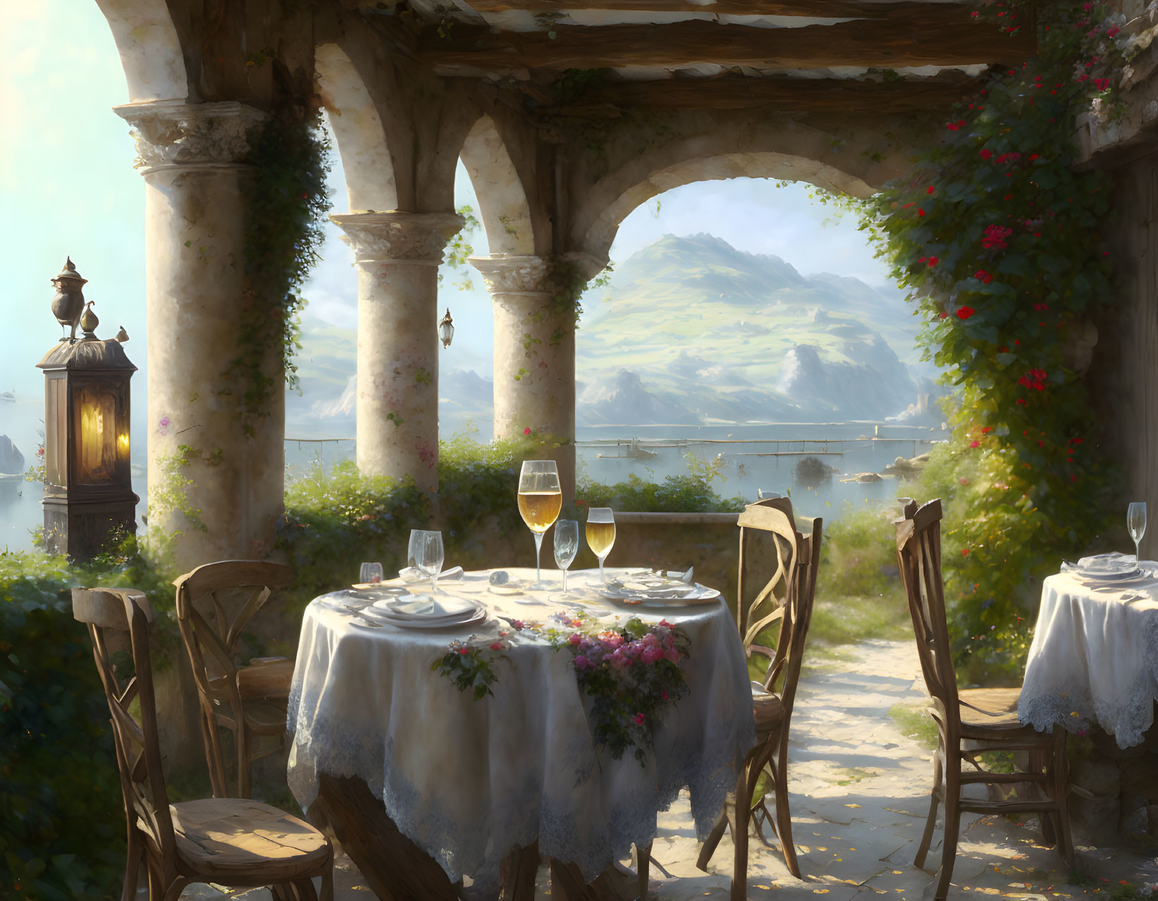 Outdoor Dining Setup with Tables, Wine Glasses, Mountains, and Lake View