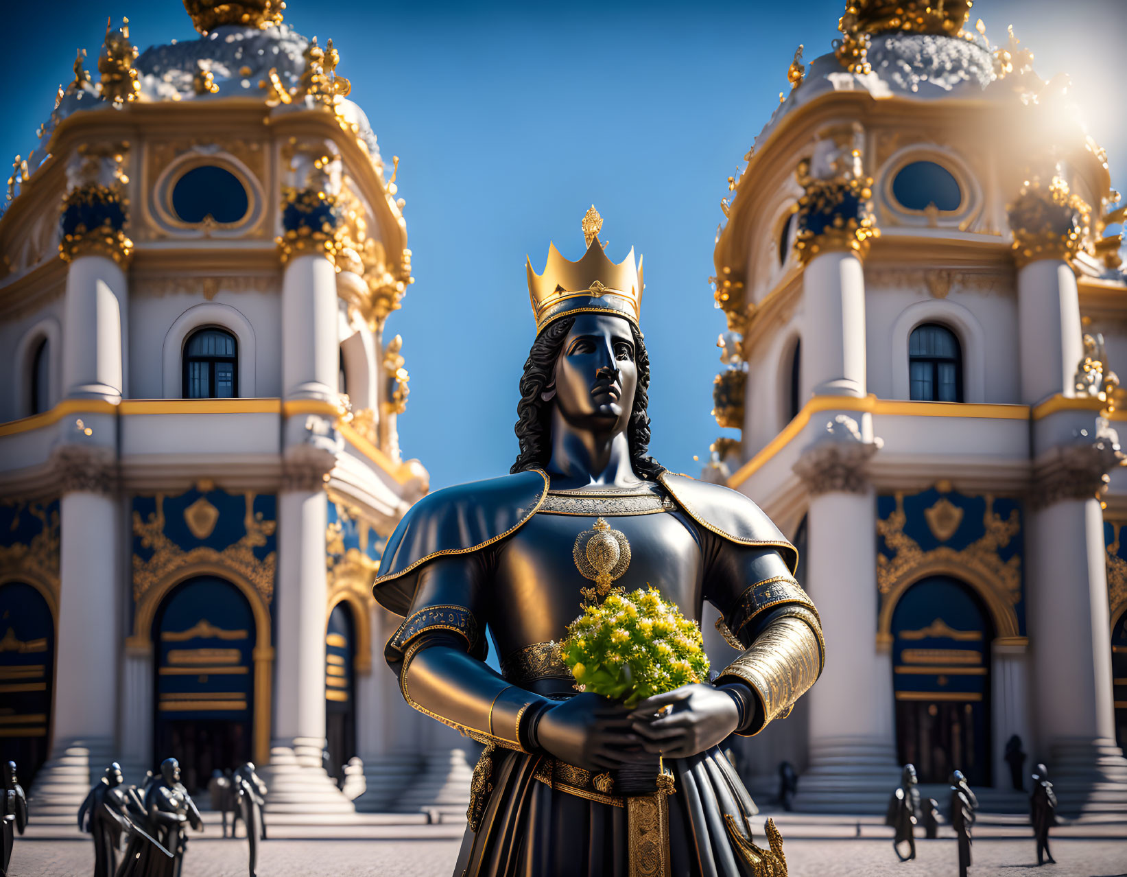 Crowned figure statue with flowers in front of golden domes