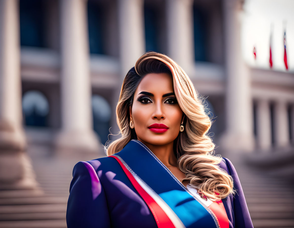 Styled woman in colorful blazer by columns and flags