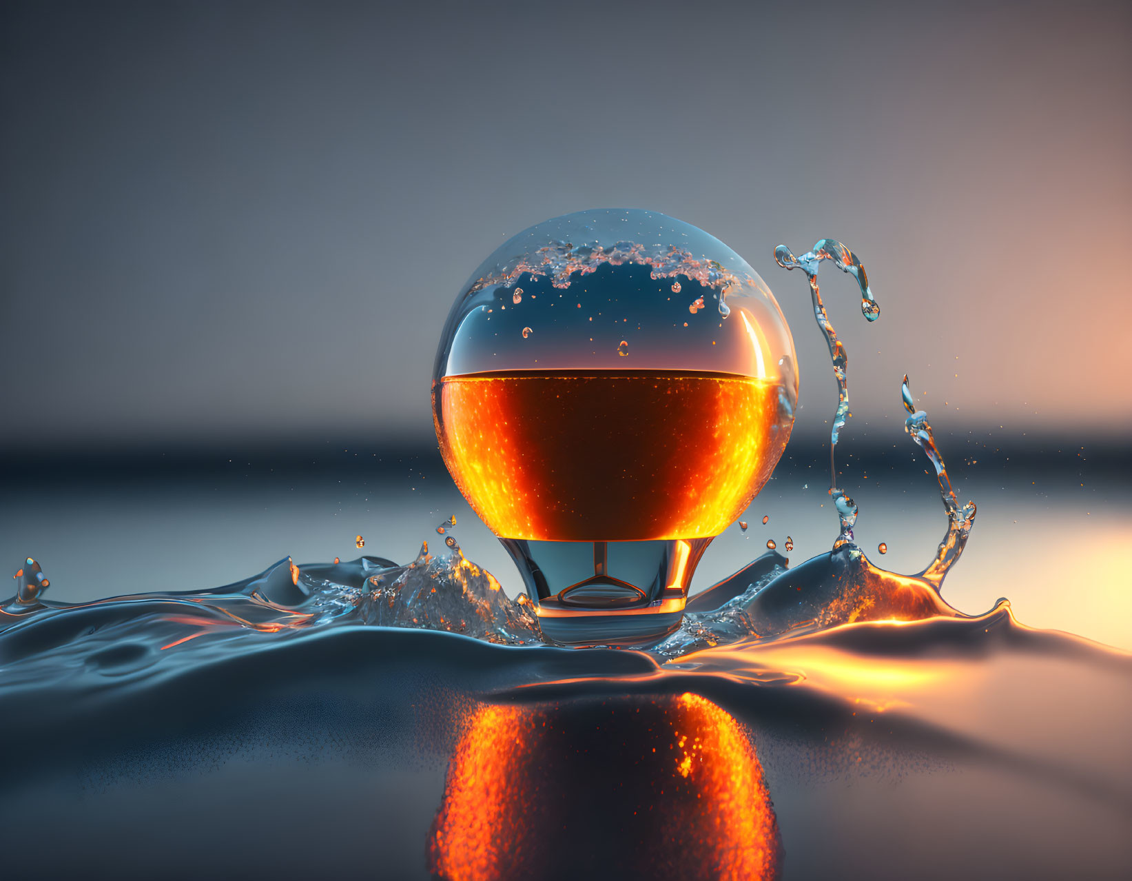 Amber liquid in spherical glass on reflective surface