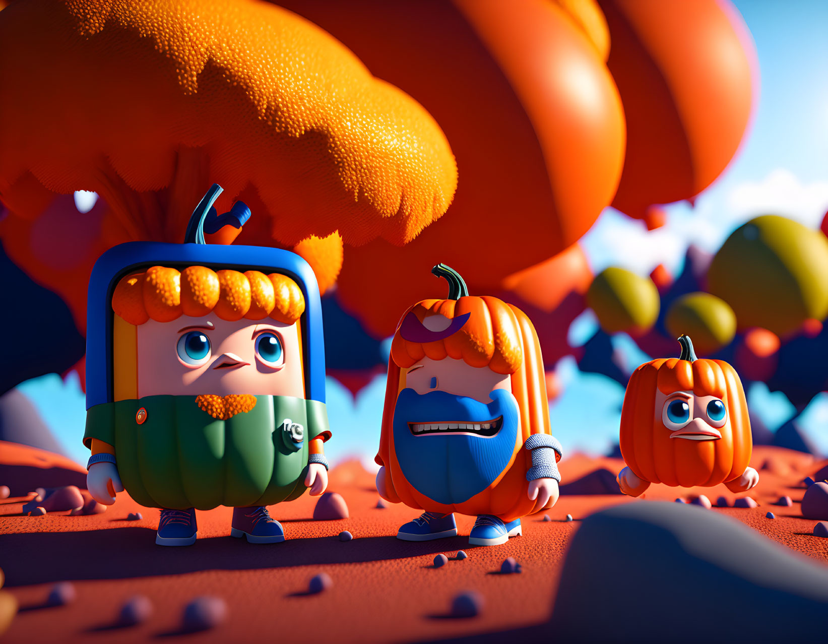 Stylized pumpkin and acorn characters in autumn landscape