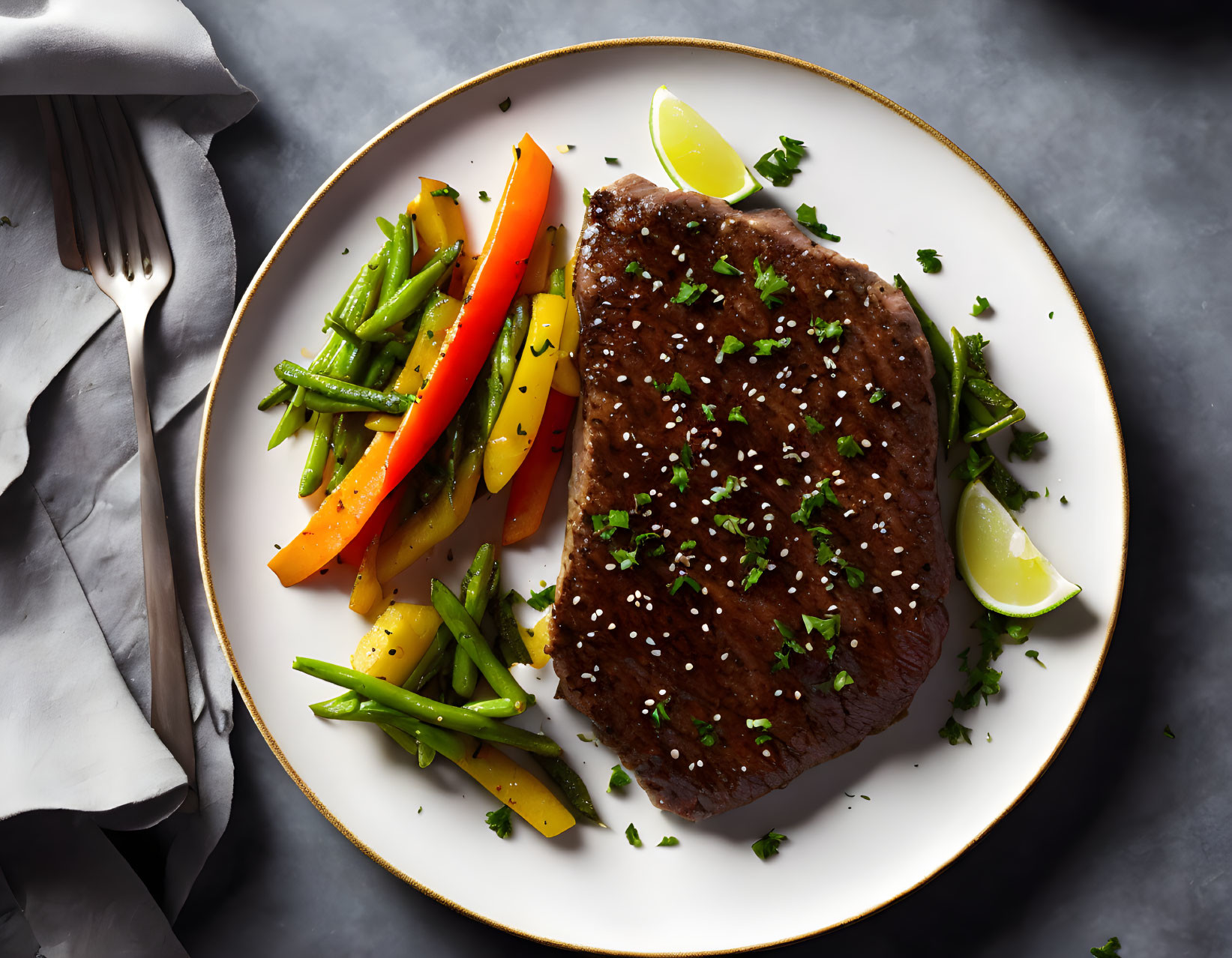 Sesame Seed Grilled Steak with Green Beans and Bell Peppers