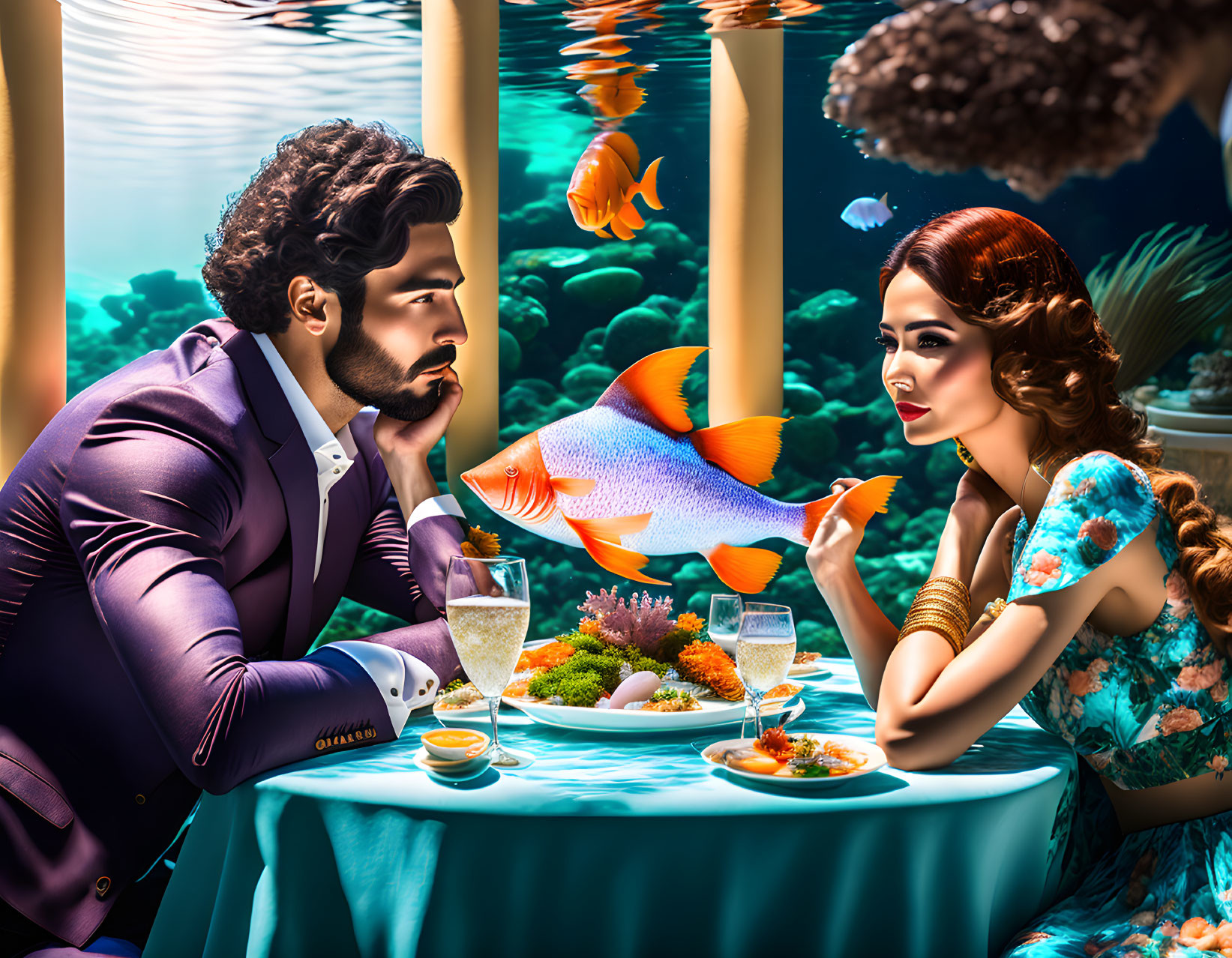 Man and woman in elegant attire dining by aquarium with colorful fish.