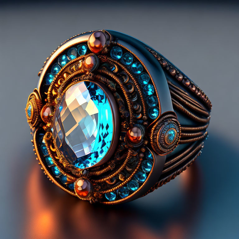 Blue Gemstone Ring with Intricate Metalwork and Pearls