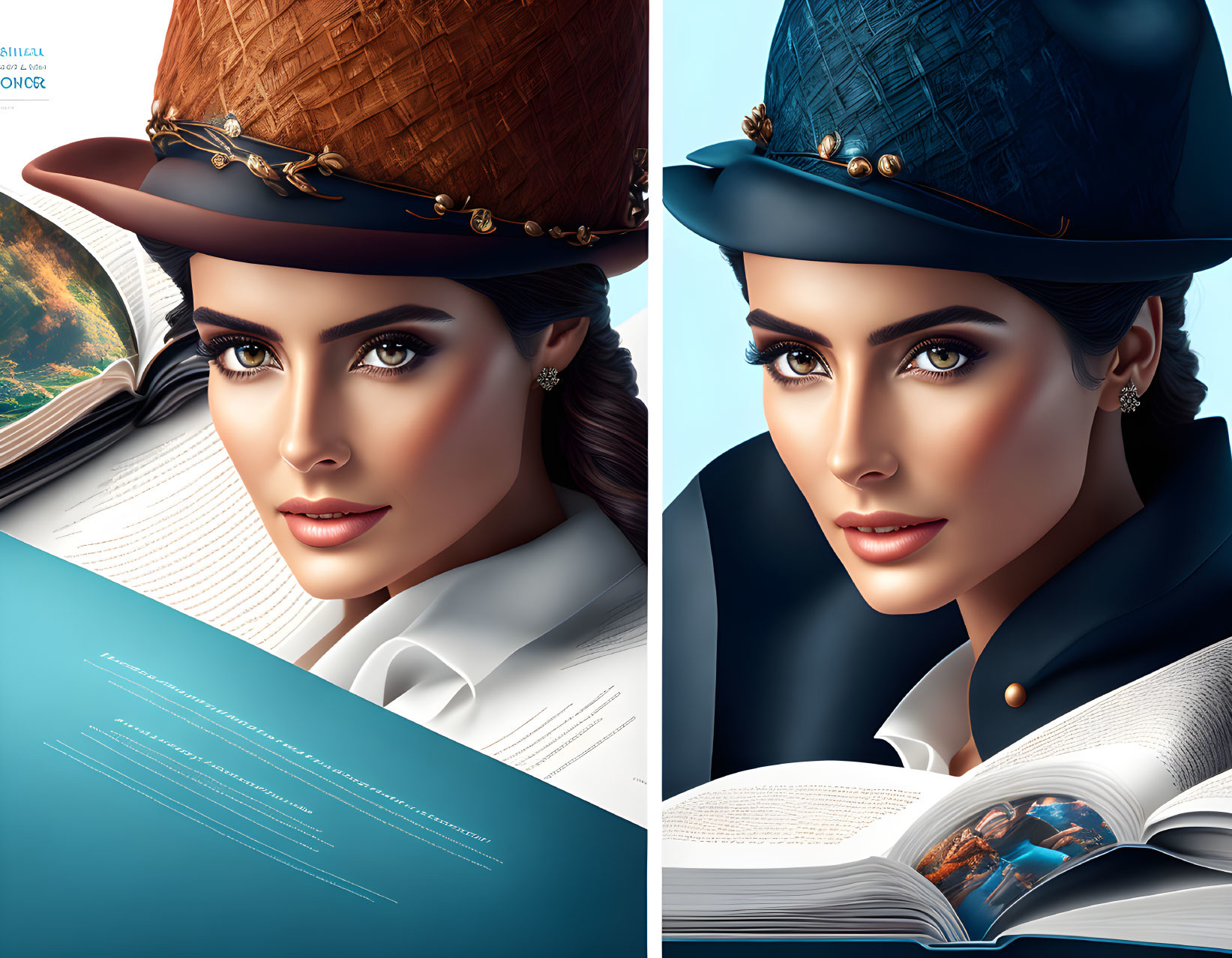 Woman in two stylish hats with detailed book in digital artwork