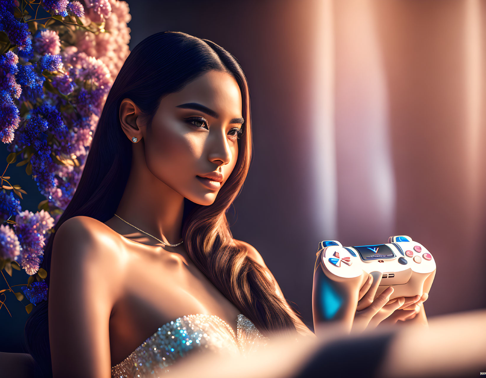 Serene woman with game controller in sunlight near purple flowers