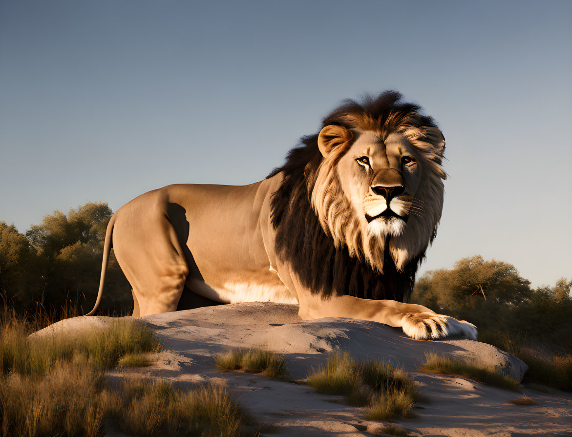 Majestic lion with flowing mane on rocky outcrop in warm sunlight