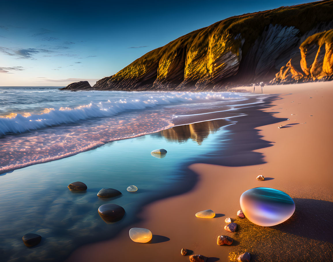 Tranquil sunset beach scene with smooth pebbles, gentle waves, and cliff reflection