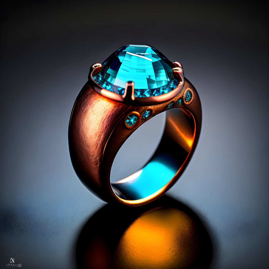 Blue gemstone ring on copper band with blue crystals, displayed on reflective surface