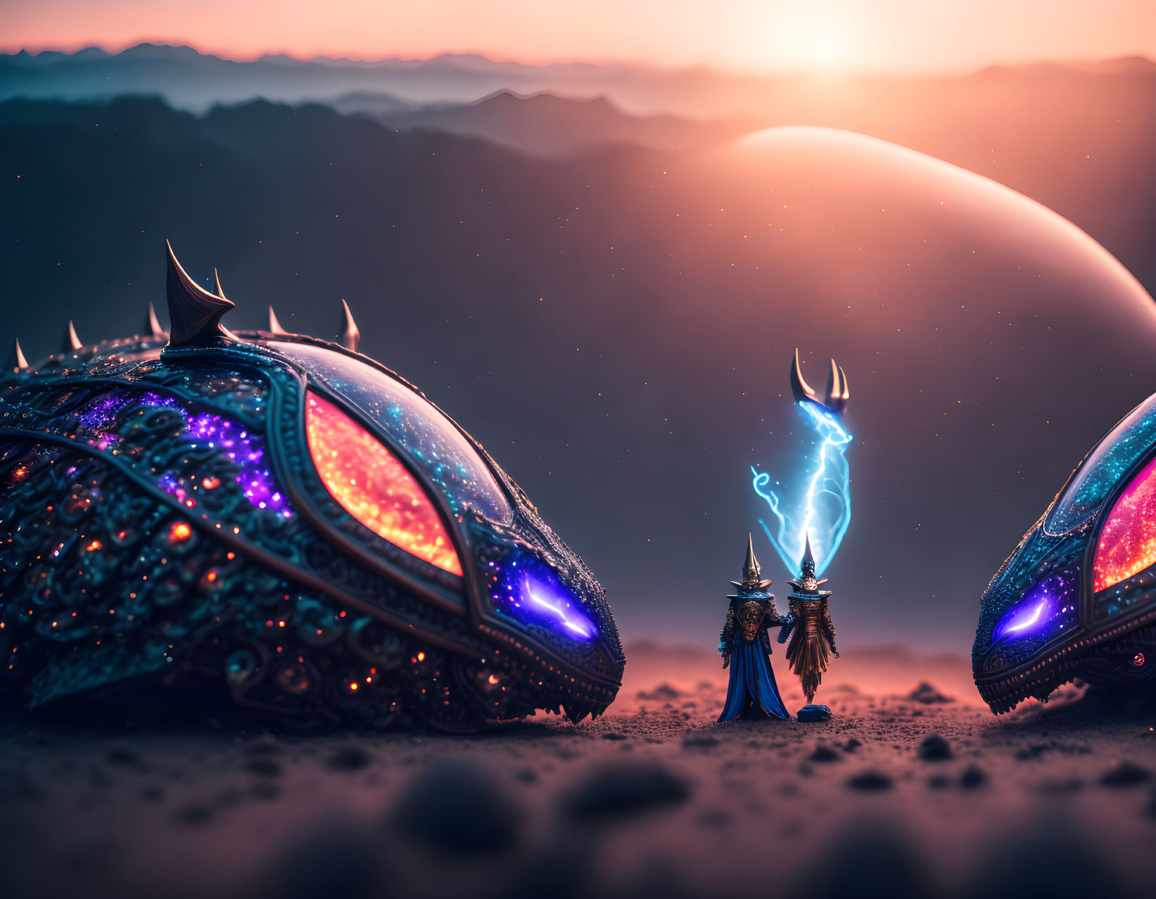 Mystical figure with electric energy, beetle-like structures, sunset and planet.