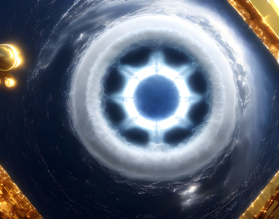 Blue Glowing Portal Surrounded by Cosmic Rings and Celestial Bodies