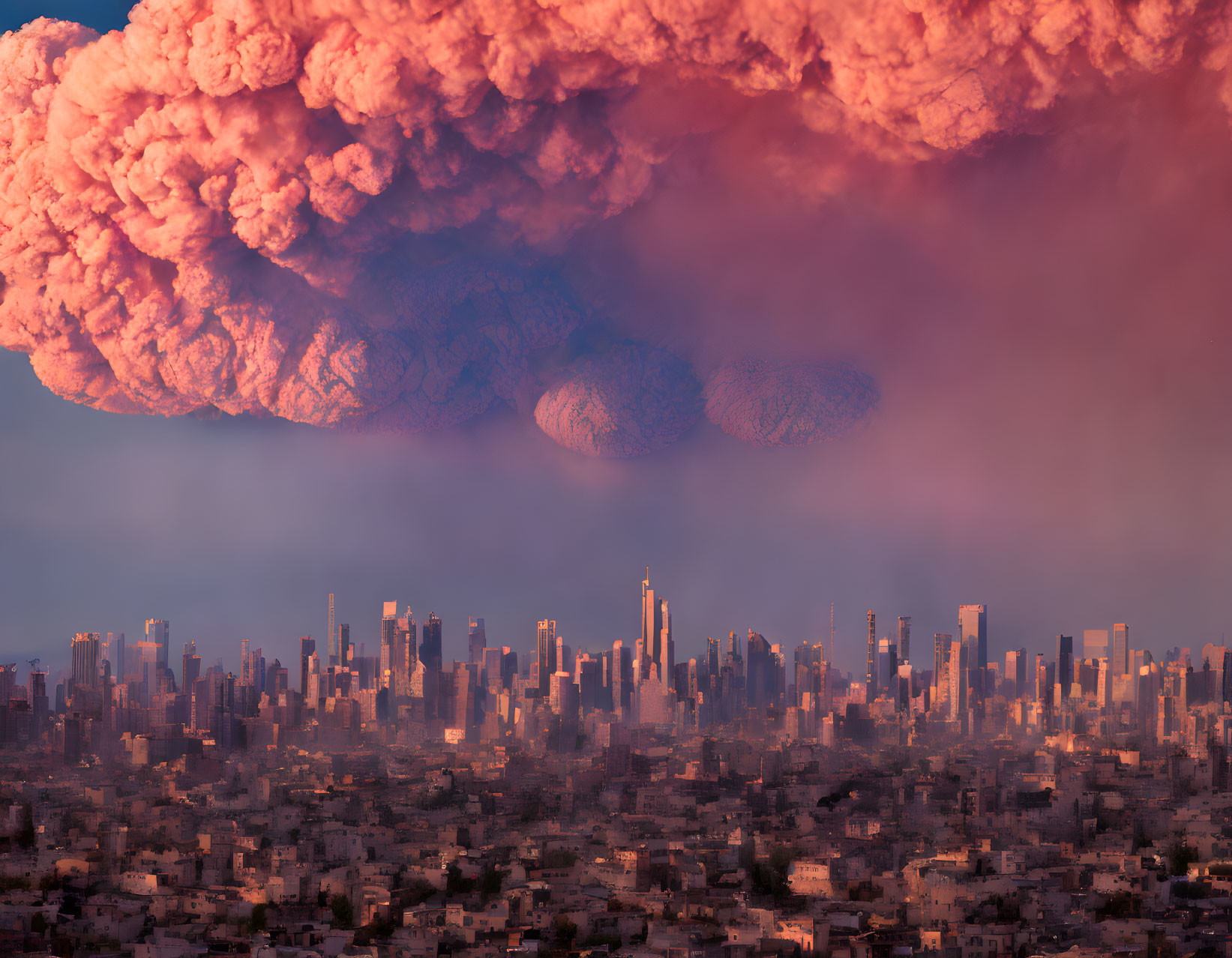 Gigantic mushroom cloud over city skyline at twilight