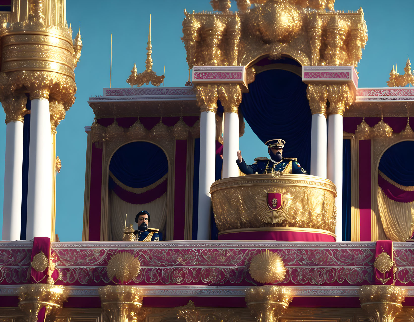 Military soldiers on ornate balcony with blue curtains and gold pillars