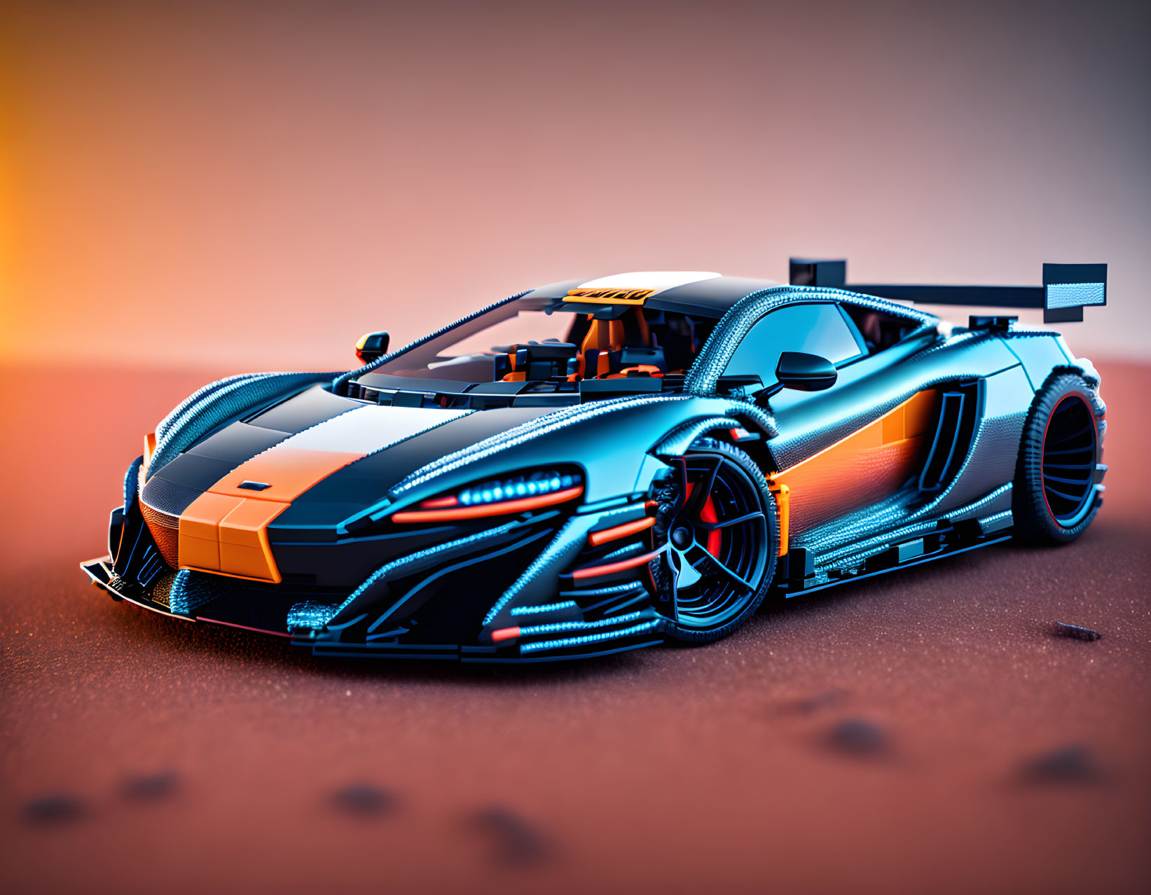 Sleek futuristic race car with blue neon lights on orange gradient surface