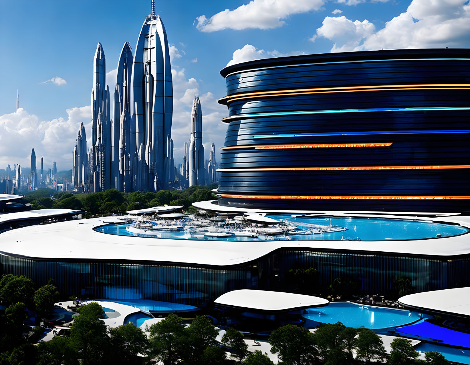 Futuristic cityscape with high-rise towers and modern circular building