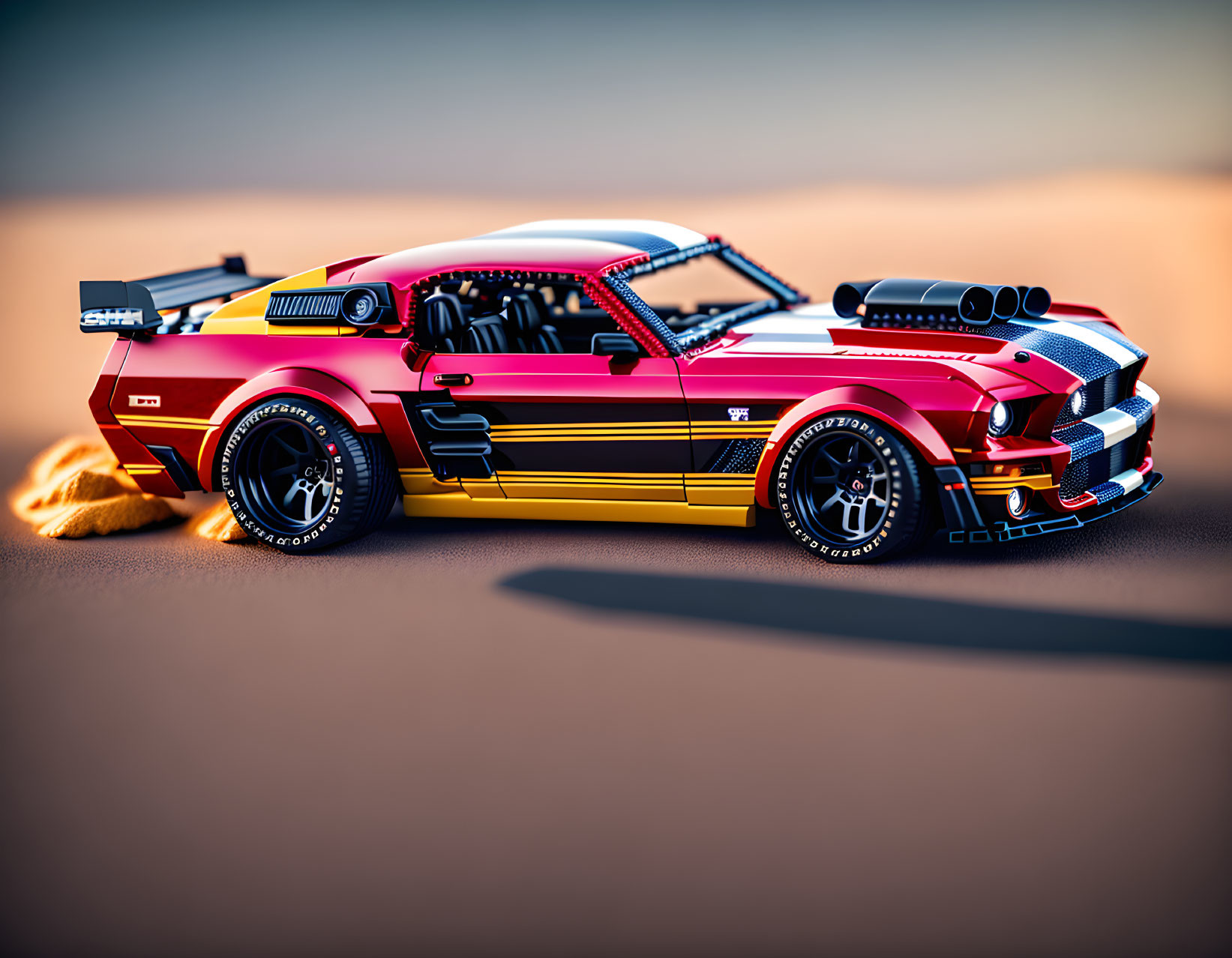 Vintage Red and Black Muscle Car with Racing Stripes and Oversized Wheels