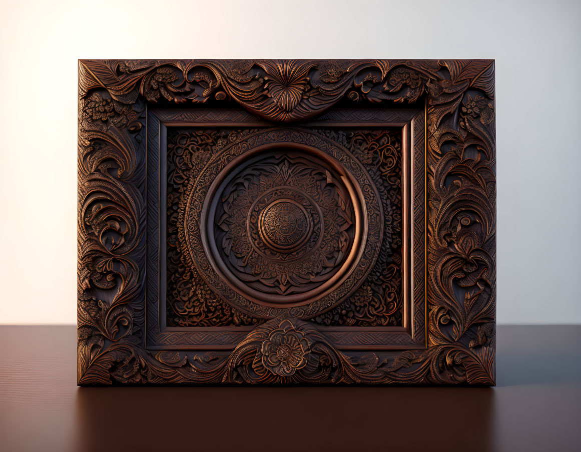 Intricately carved wooden frame with floral patterns and medallion on tabletop.