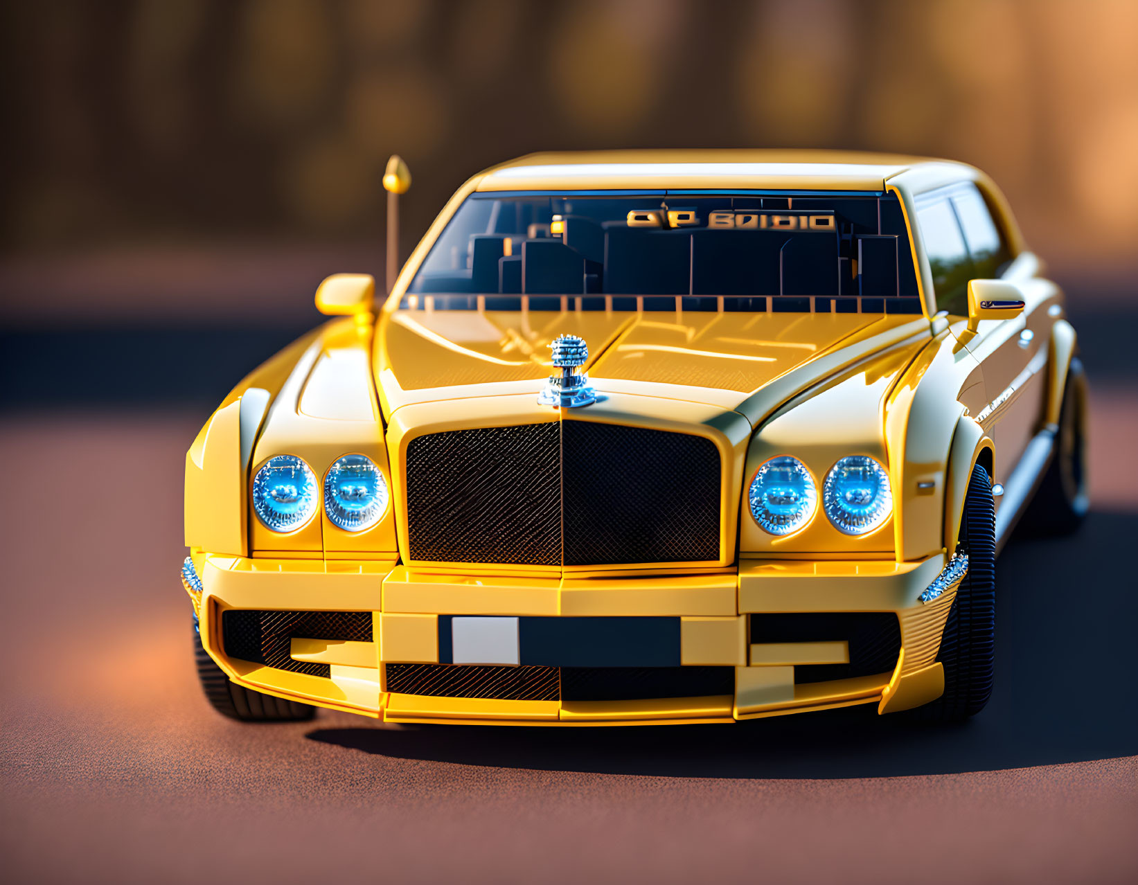 Luxury Golden Car 3D Model with Detailed Designs on Blurry Road