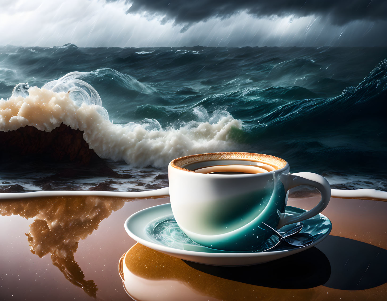 Surreal image: Stormy sea meets giant white coffee cup