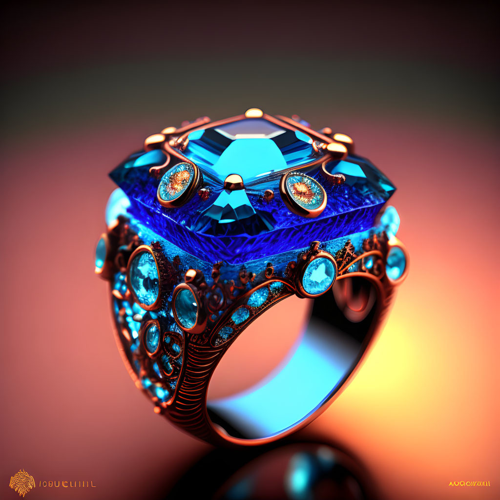 Blue Gemstone Ring with Copper-Gold Details and Orange Gems