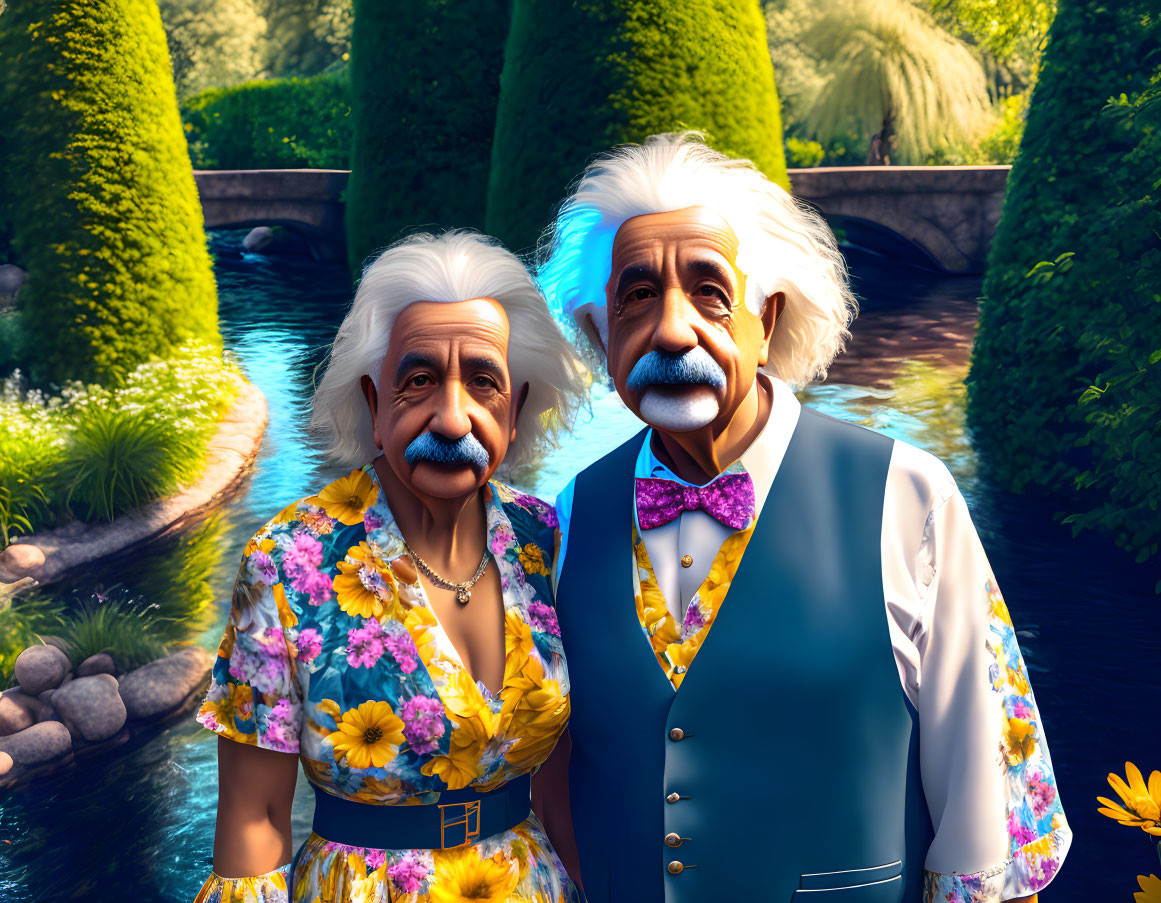 Elderly animated characters in vibrant attire in sunny garden