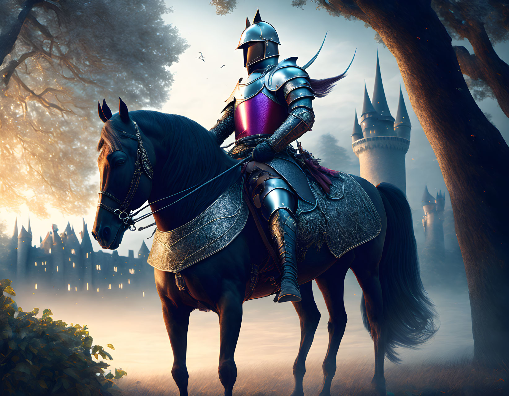 Knight on horse in front of castle at sunset