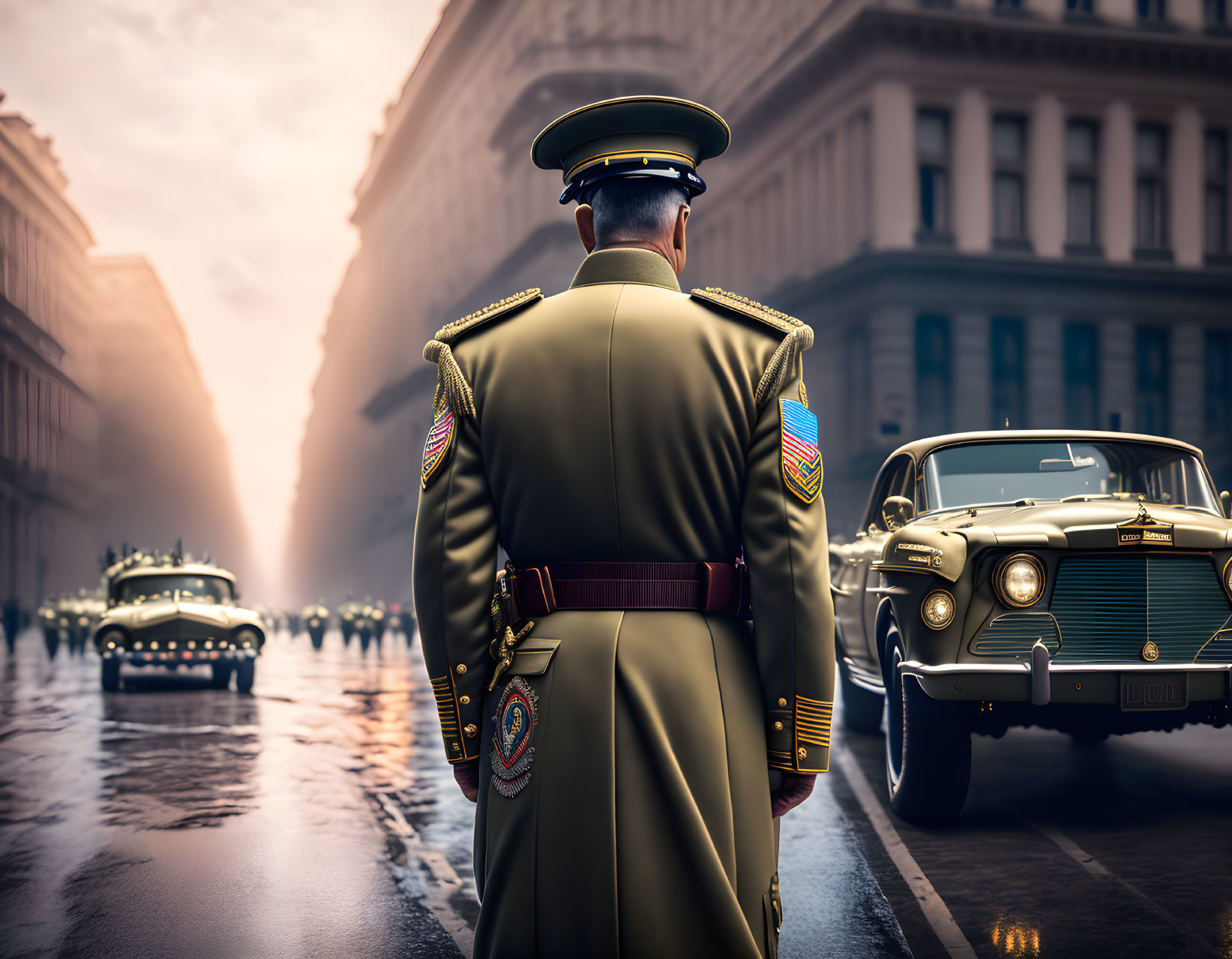 Uniformed Officer Observing Vintage Cars in City Street