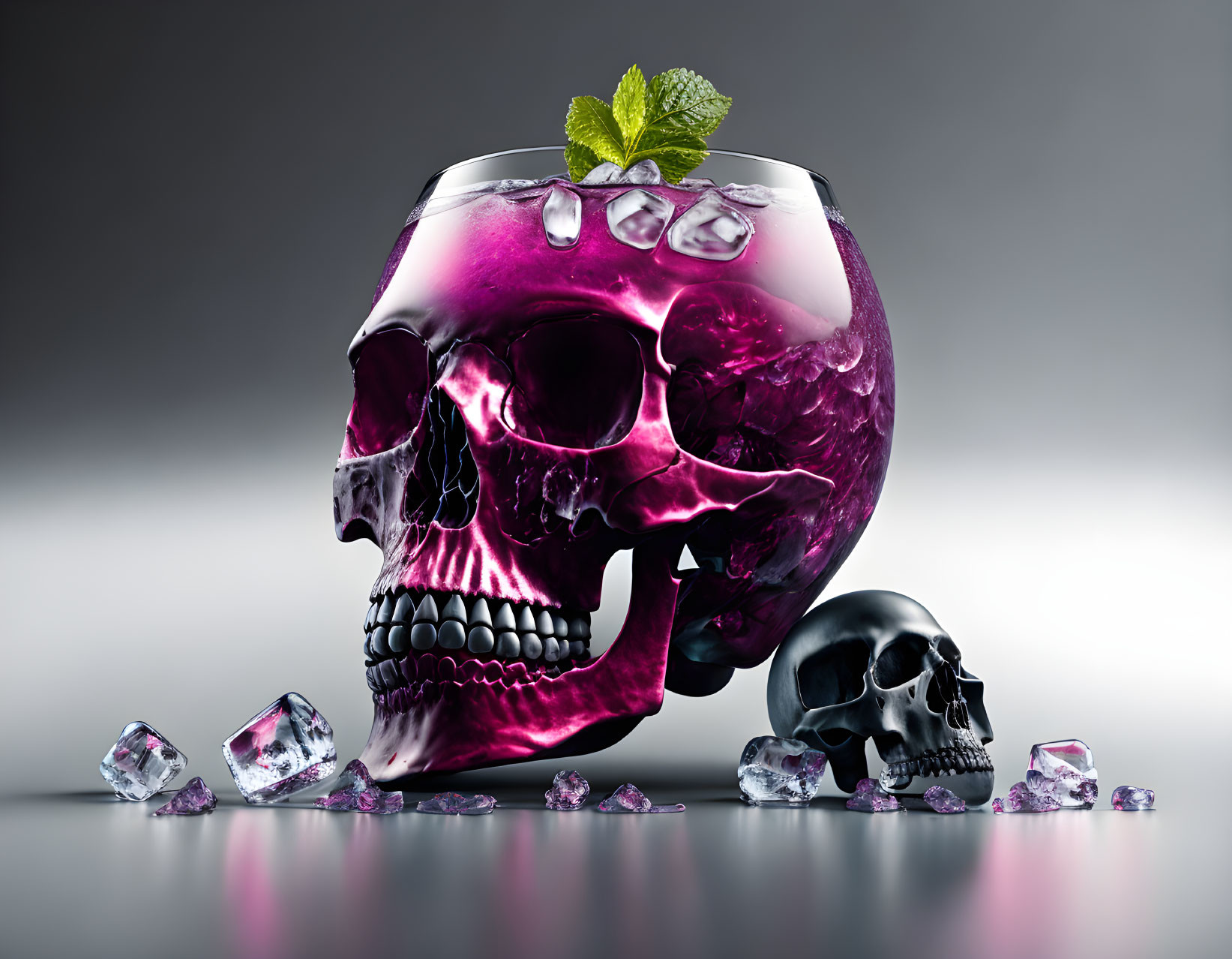 Skull-shaped glass with purple drink, mint leaf, and ice cubes beside smaller human skull and ice