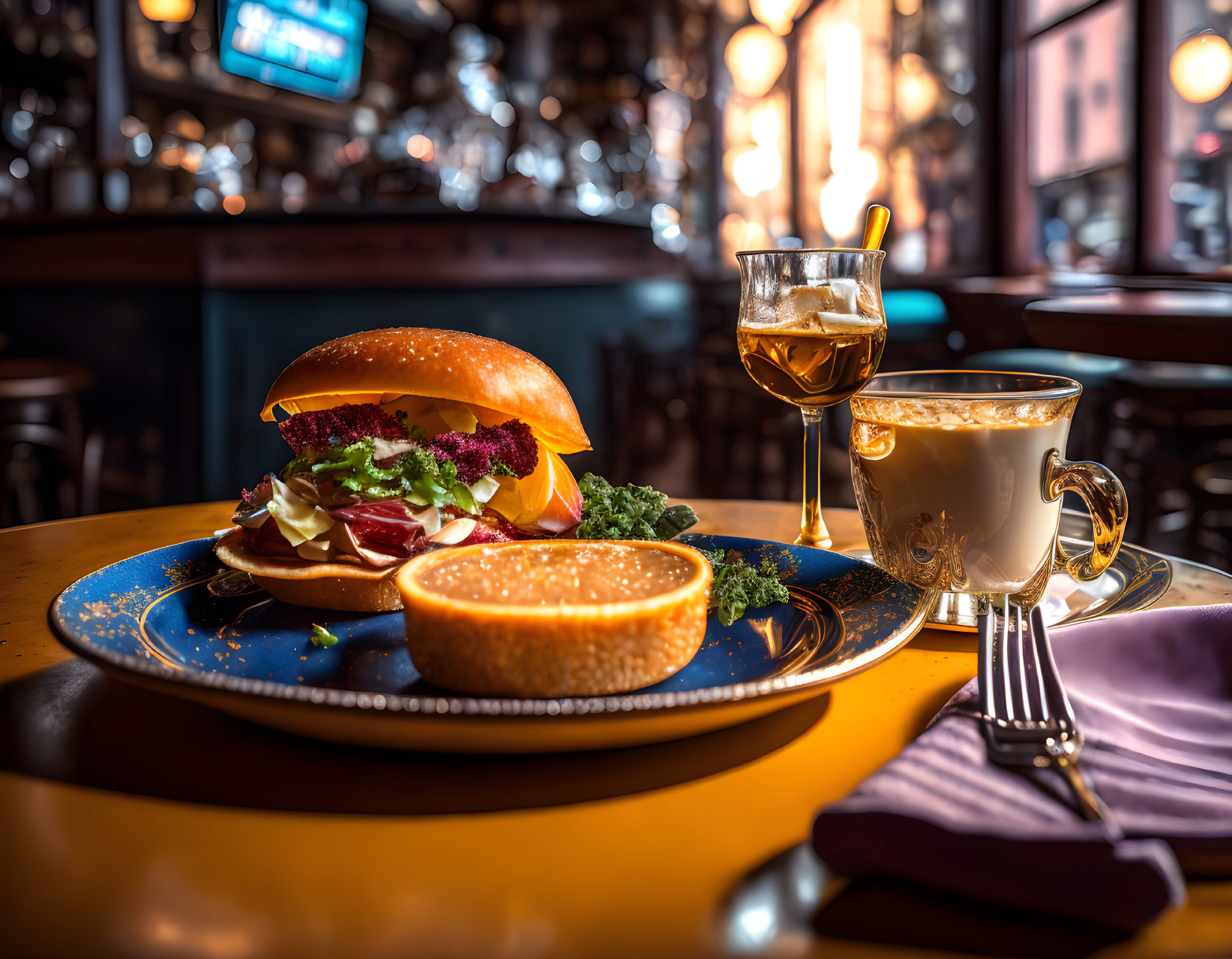 Gourmet sandwich, kale, sauce, coffee, and drink on bar counter