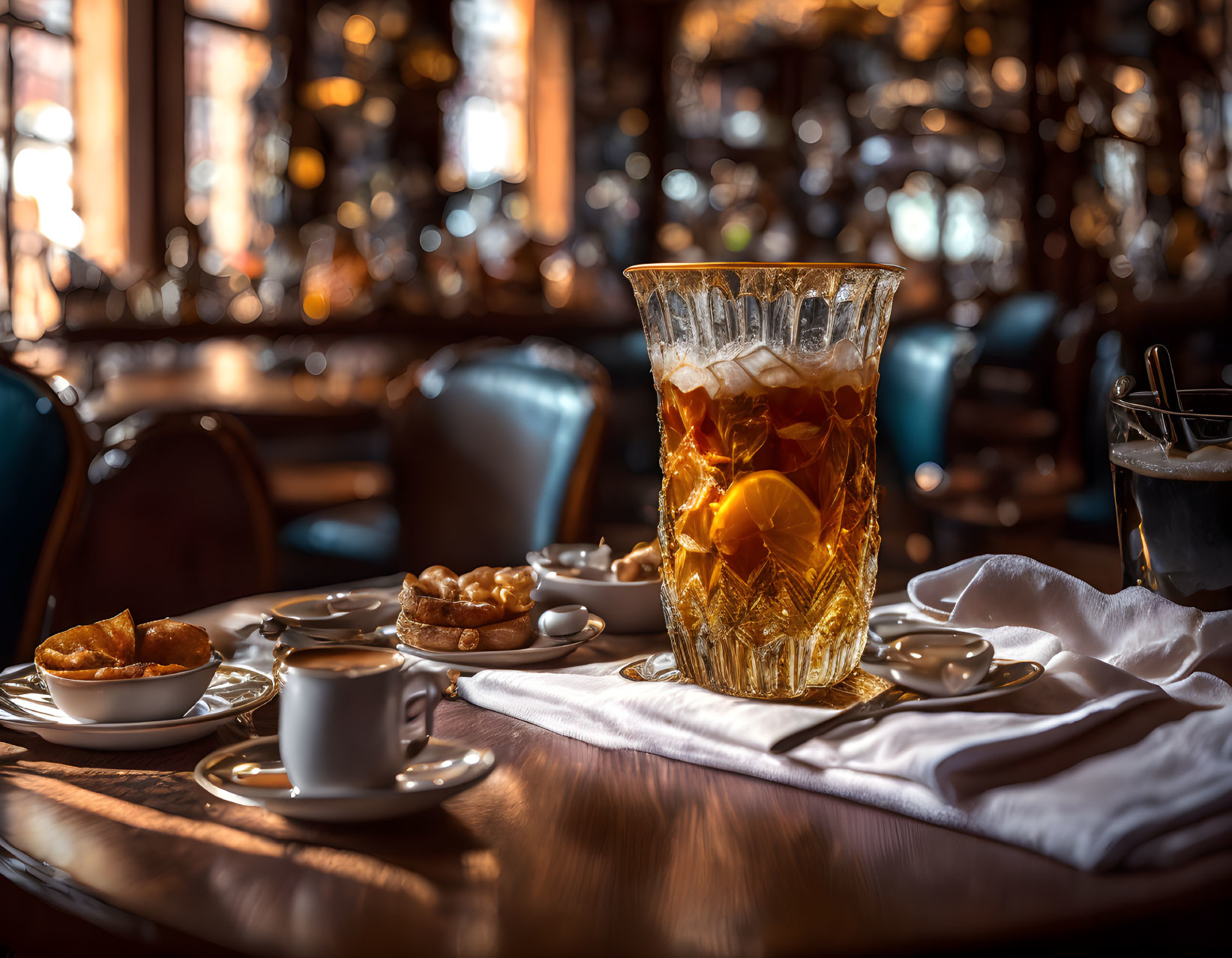 Elegant cafe setting with crystal glass of iced coffee and pastries