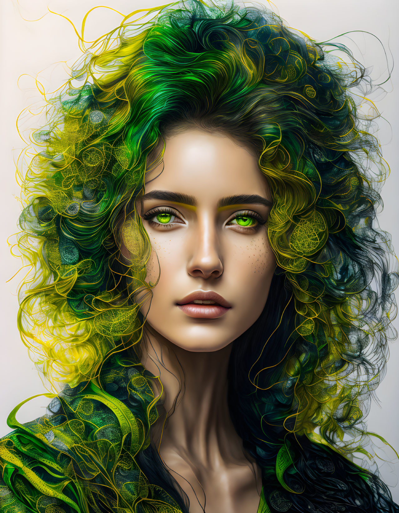 Vibrant green and yellow curly hair woman with freckles and swirling patterns