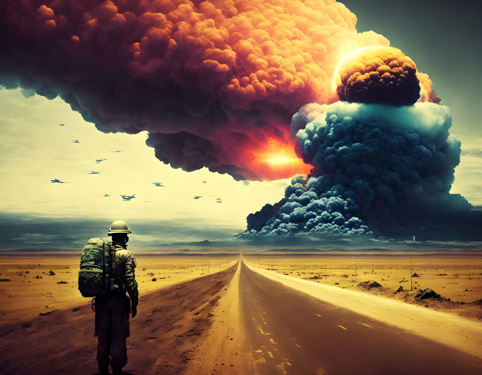 Hazmat suit person watches explosion with mushroom cloud and fighter jets in dramatic scene