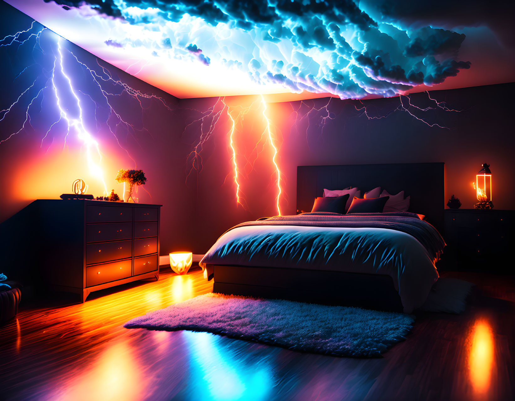 Ambient-lit bedroom with thunderstorm lighting effects and modern furniture